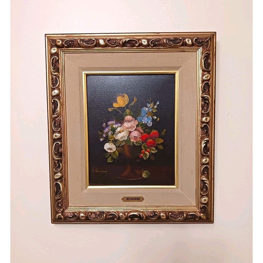 Vtg Still Life Floral Vase Oil Painting By Vito Ruggeri Ornate Florentine Frame